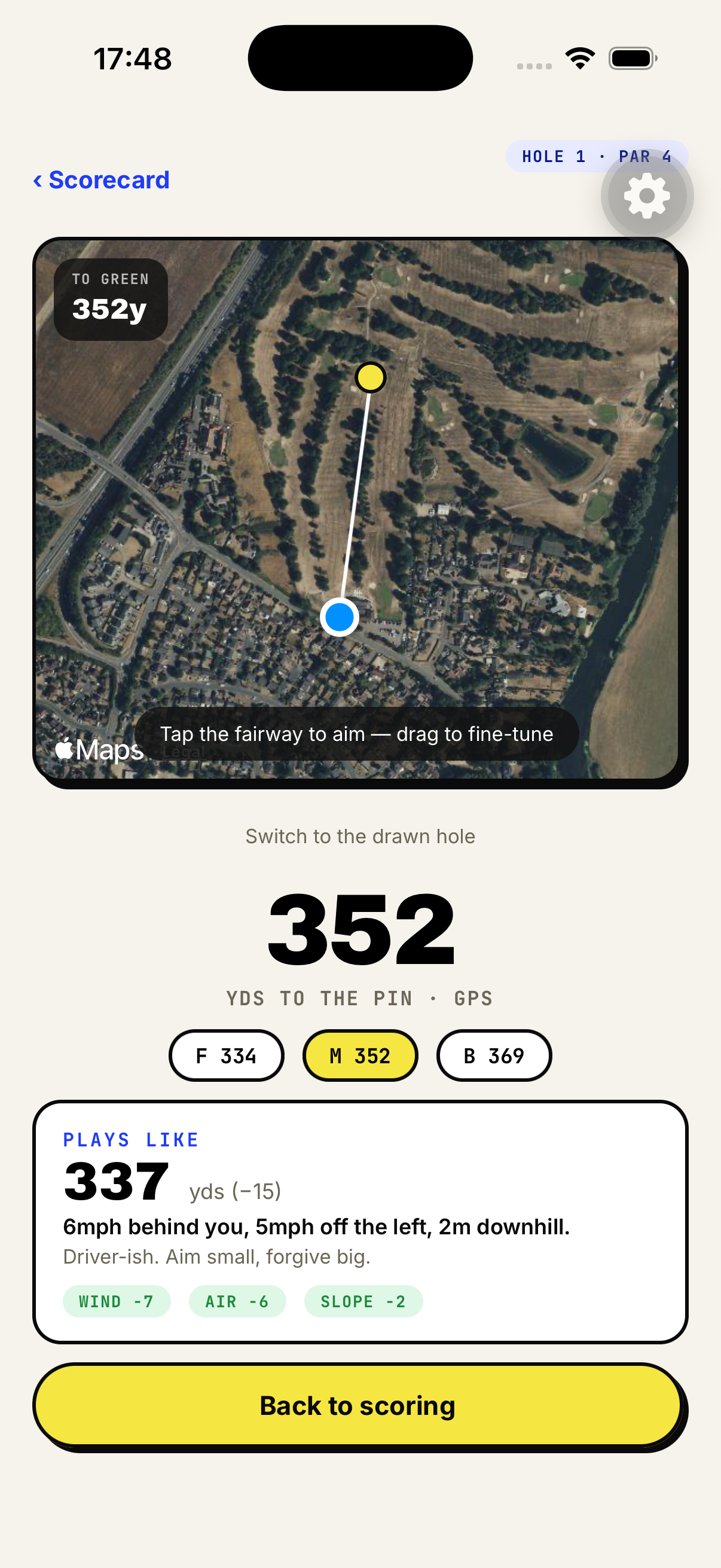 The Cheekygolf hole view: a satellite image of the hole with the line to the pin, 352 yards to the middle, and a plays-like figure of 337 broken down into wind, air and slope